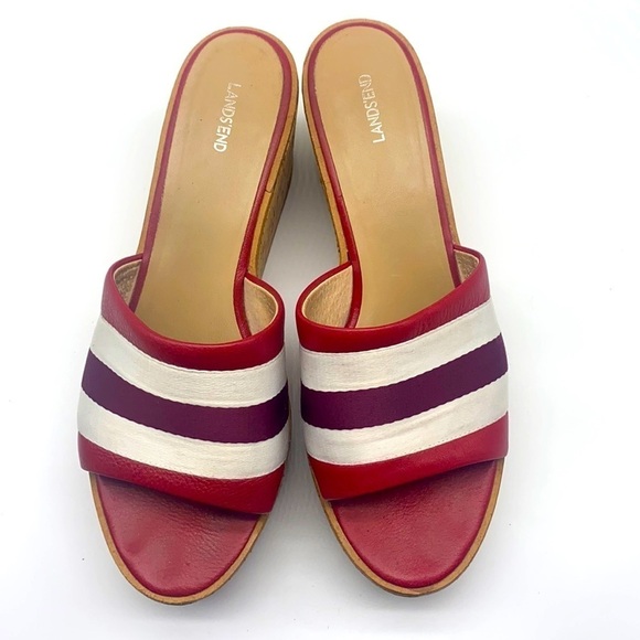 Lands’End - Red Leather Cork Wedge Slip On Sandal Size 9 - Picture 1 of 15
